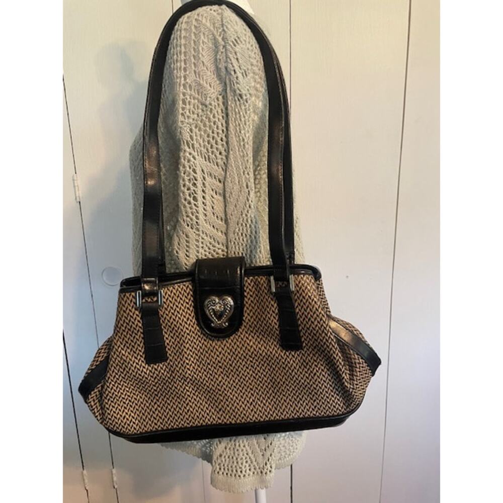 Marlo Handbag Purse Brown Vegan Leather & Brown‎ Herringbone Fabric